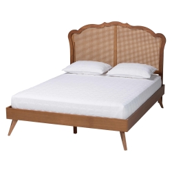Baxton Studio Aithan Mid-Century Walnut Brown Wood and Rattan King Size Platform Bed